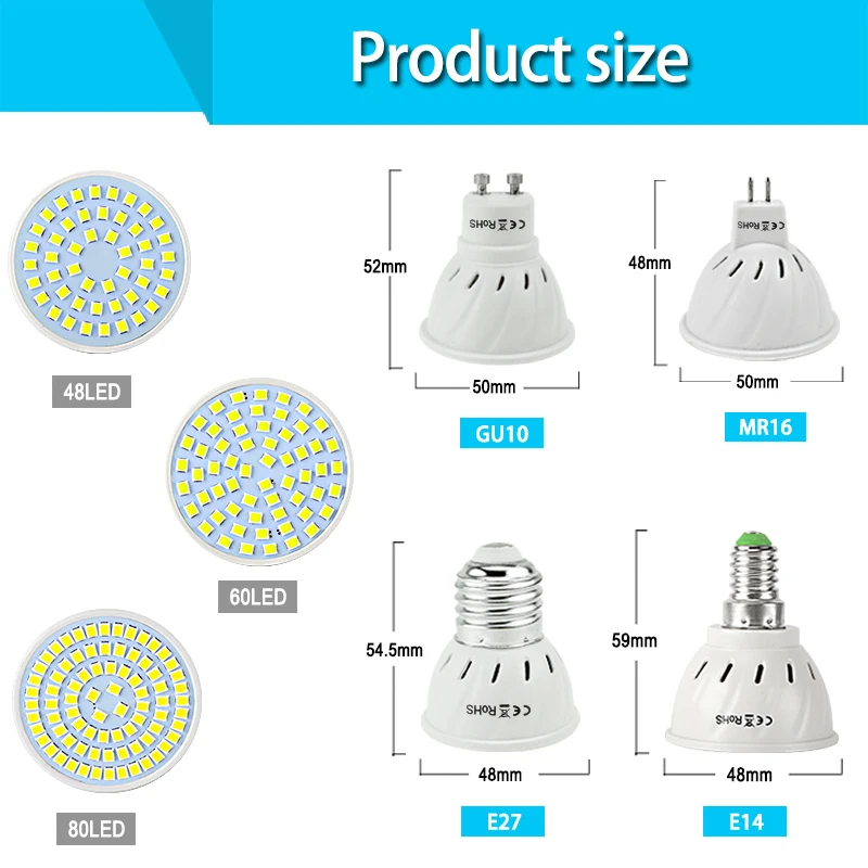 Светодиодная лампа E27 E14 MR16 GU10 10 шт. 220В 240 в 220 В 48 60 80 светодиодов 2835SMD