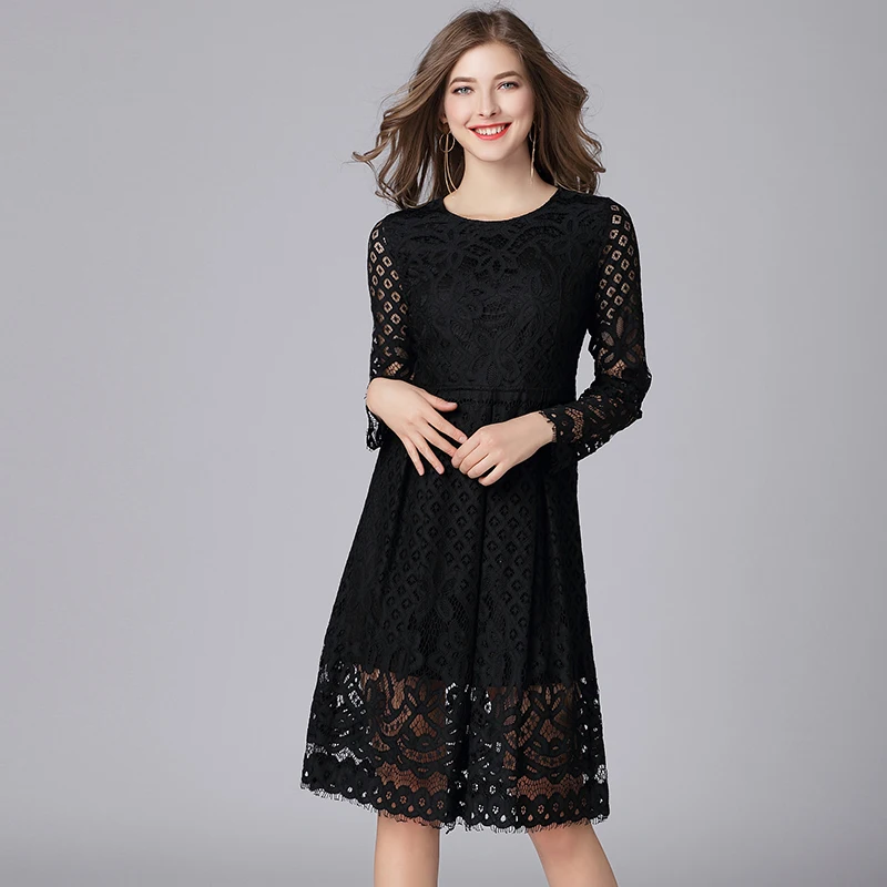Женское кружевное платье черное А-силуэта большого размера на весну и осень 2019 |