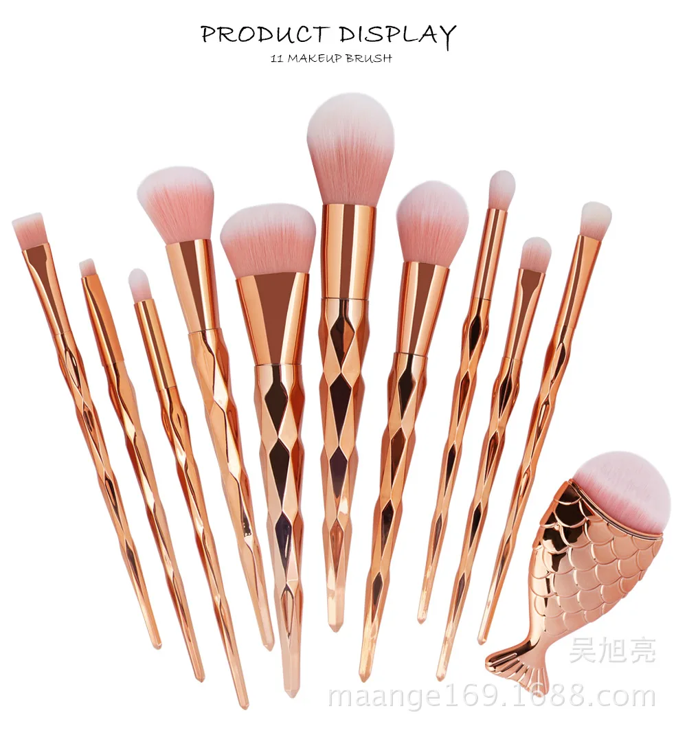 11 шт. Diamond Rose Gold набор кистей для макияжа рыбий хвост Русалка образный фундамент