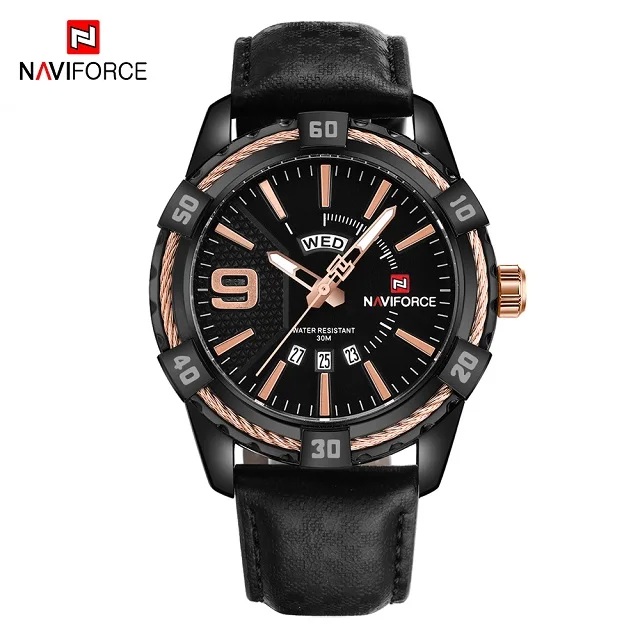 Black Rose Gold Бренд NAVIFORCE, кварцевые часы для мужчин, кожаный ремешок, военные спортивные часы, водонепроницаемые, 24 hout, неделя, дата, наручные часы, Relogio Masculino - Цвет: Black Rose Gold