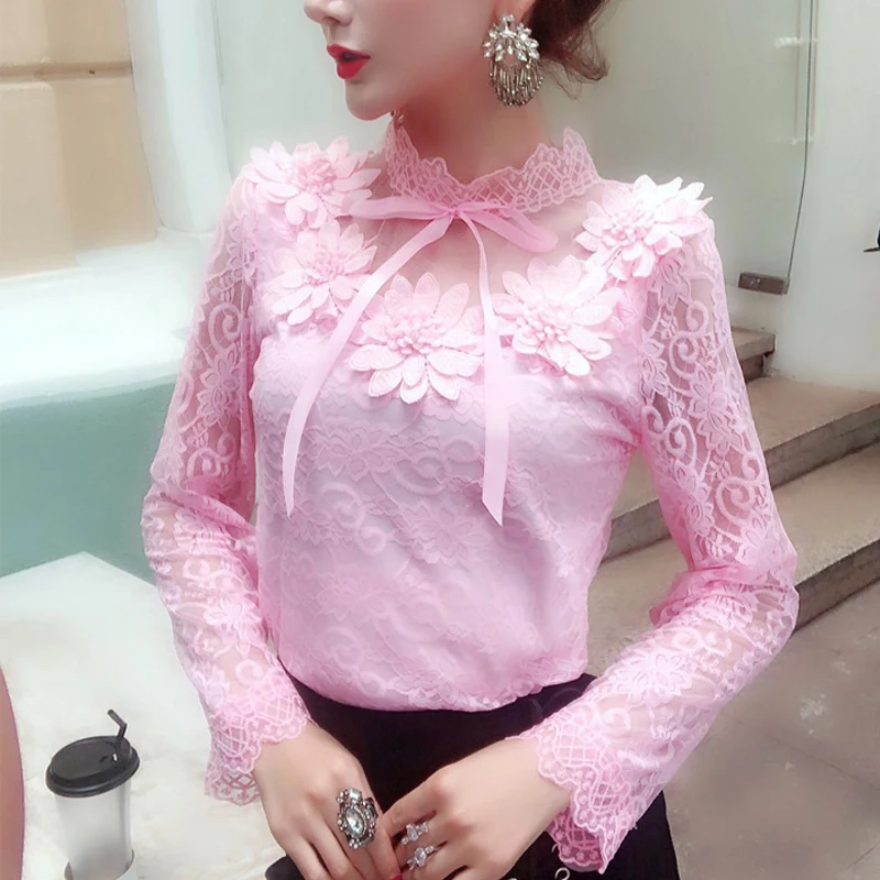 2019 Spring Autumn Women fashion Long Sleeve Blouse Sweet Floral Hollow Lace Shirt Female Bow Mesh Blouses Short Bottoming Tops