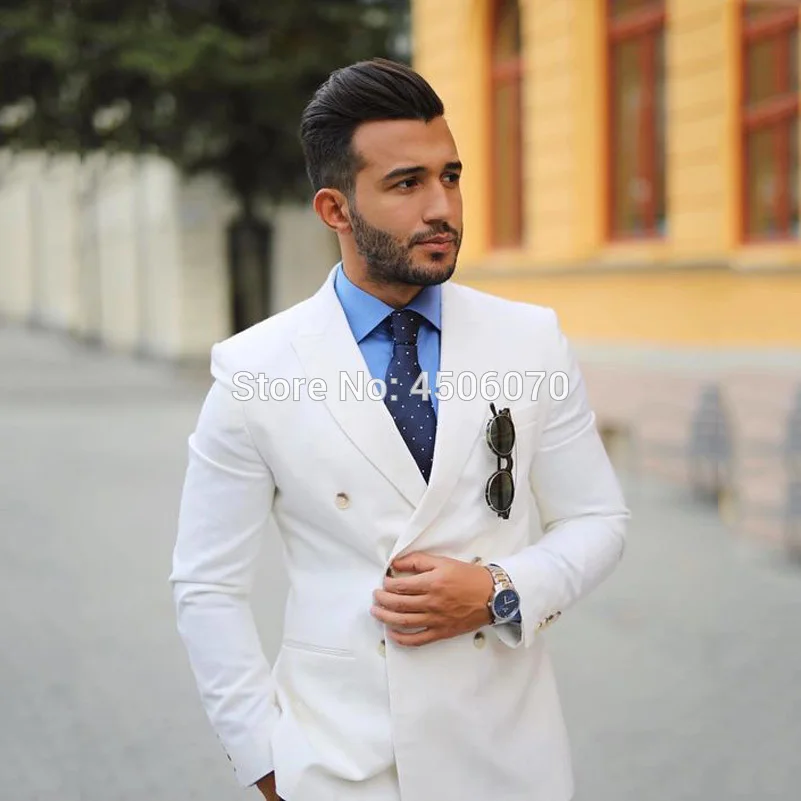 

White Men Suits Slim Fit Wedding Tuxedos Casual Business Prom Suits Double Breasted Groom Wear Bridegroom 2Pcs Costume Homme