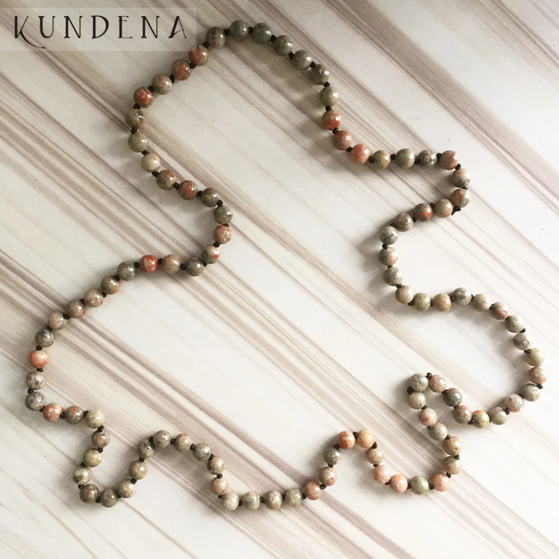 

30" 32" 36"40"42" 60"72" long Knotted necklace Healing Stone Mala Necklace Yoga unakite Stone Beaded Necklaces