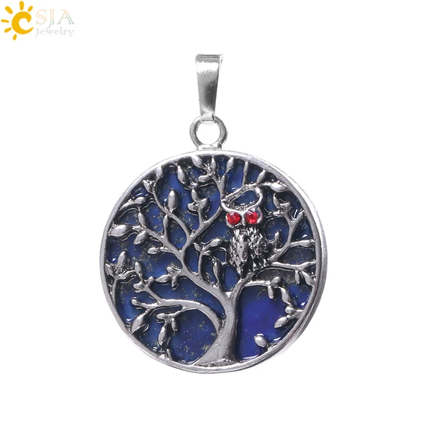 Lapis Lazuli CSJA, ожерелья и подвески из натурального камня, древнее серебро, полое Дерево жизни, круглые плоские бусины, кулон для женщин и мужчин, ювелирные изделия F165 - Окраска металла: Lapis Lazuli