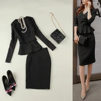 2022 womens suit fashion black dress long sleeve slim jacket solid color office ladies suits jacket skirt two piece suit