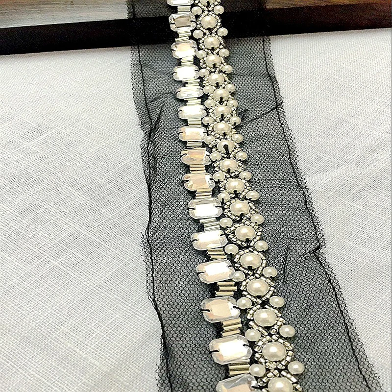 3 ярдов Белый Черный бисером кружевной отделкой горный хрусталь жемчужные бусины