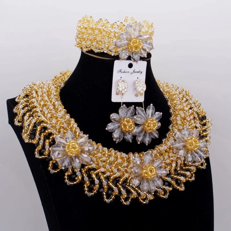 4 UJewelry золото комплект ювелирных изделий с прозрачными серебряными цветами Дубай
