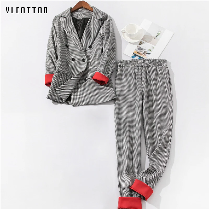 2019 New Vintage Plaid 2 Piece Set Women Double Breasted Long Sleeve Office Blazer &amp Nine Pants Spring autumn Women's Suit |