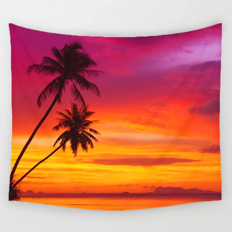 Comwarm Cozy Sunset Coastal Natural Scenery Wall Hanging Gobelin Mural Coconut Tree Printed Polyester Tapestry Bedroom Decor Art | Дом и сад