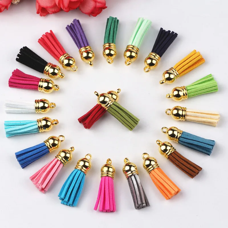 

35mm Mixed Suede Leather Jewelry Tassels For Jewelry Finding DIY KeyChains Earrings Cellphone Charms Gold Top Plated 50pcs/lot