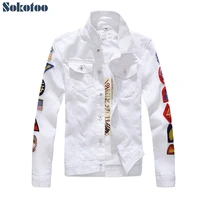 sokotoo mens patches design slim fit denim jacket white army green patchwork coat outerwear for man