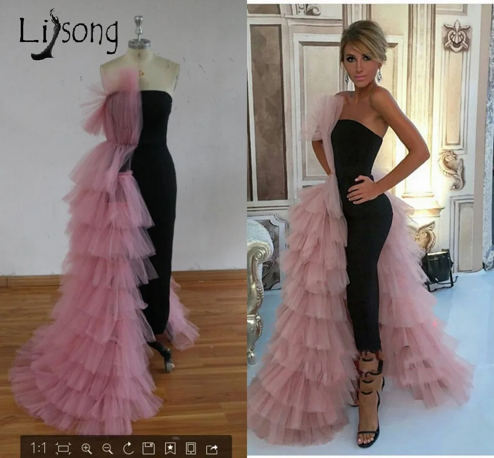 

Trendy 2017 Black Straight Prom Dress 2017 Couture Pink Tulle Tiered Long Evening Gowns Ruffles Arabic Formal Women Party Dress