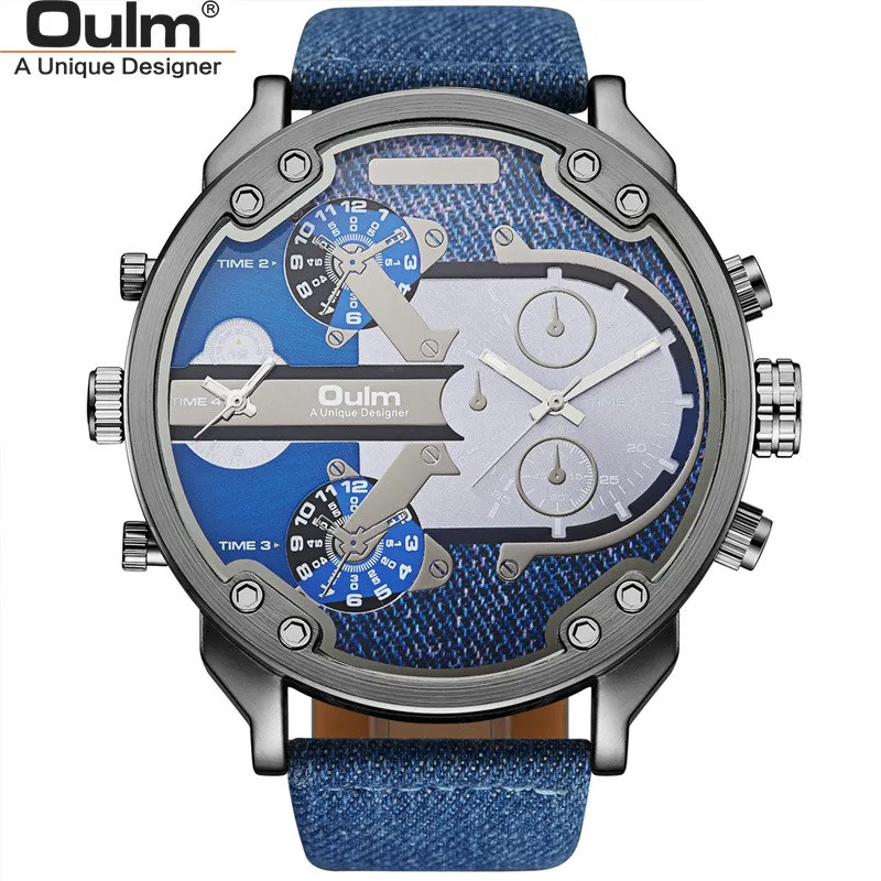 Большие кварцевые часы Oulm мужские повседневные с двумя часовыми поясами из