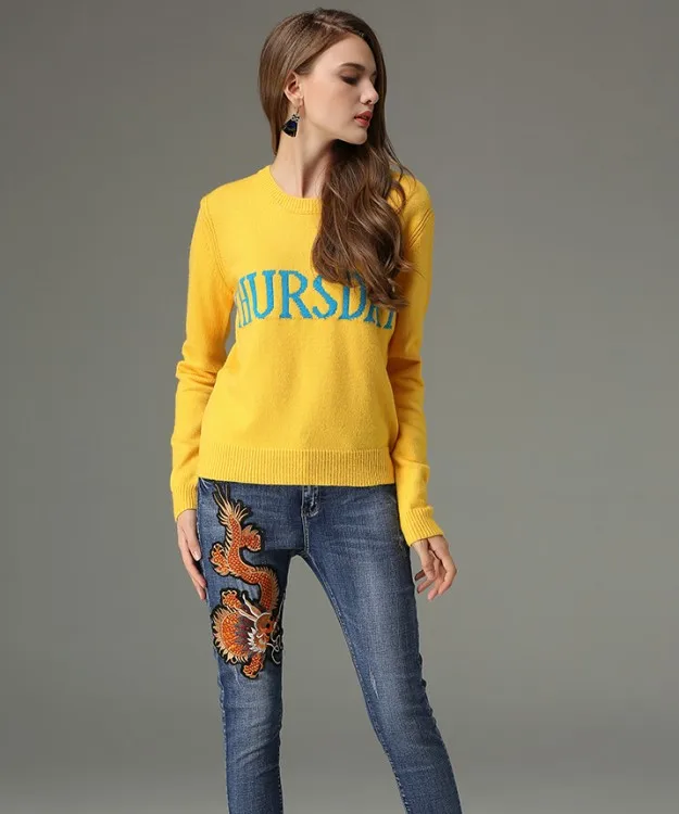 2018 women sweaters and pullovers week letters pattern sweater knitting round neck jumper knitwear | Женская одежда