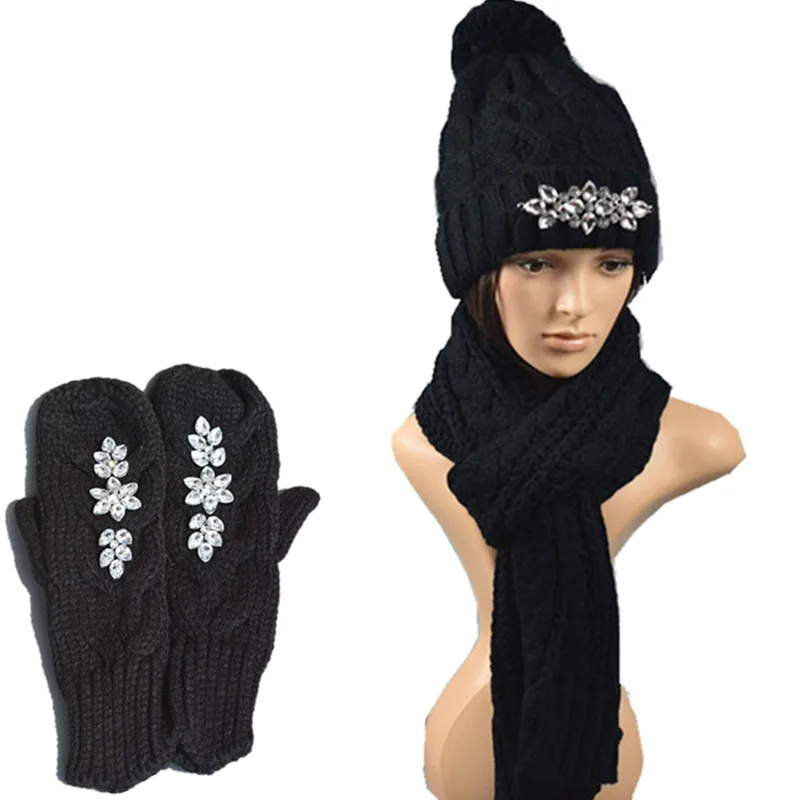 Russian Style New Women Hat Scarf Gloves 3pcs Set Warm Knitted Winter Wool Thicker With Crystal Rhinestone | Аксессуары для одежды