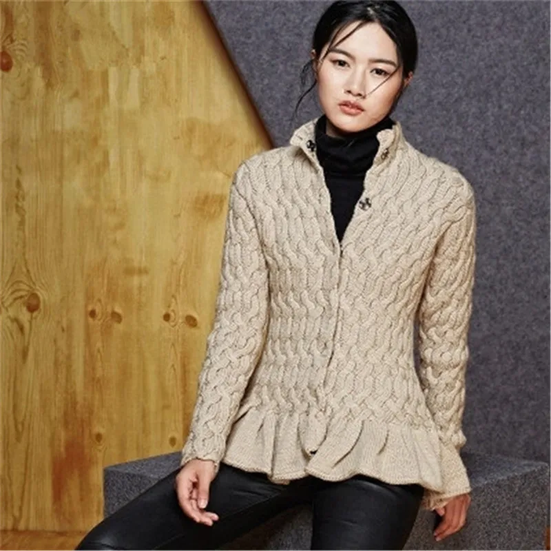 hand made pure wool thick knit women fashion solid stand collar loose single breasted cardigan sweater one&ampover size |