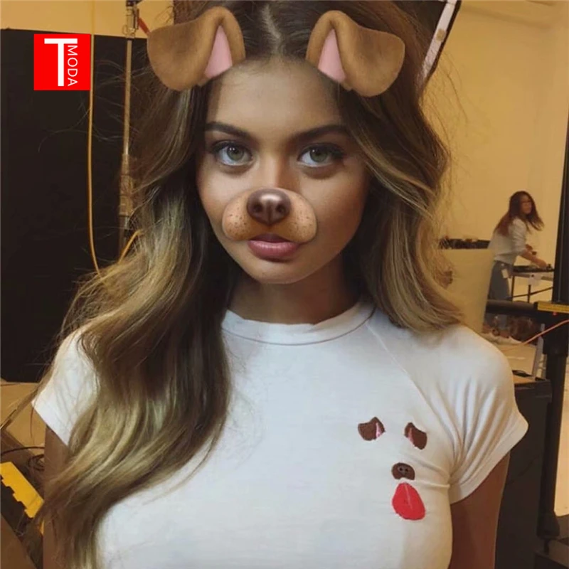 T MODA 2018 Для женщин короткий рукав милая собака вышивка футболка Летняя дышащая