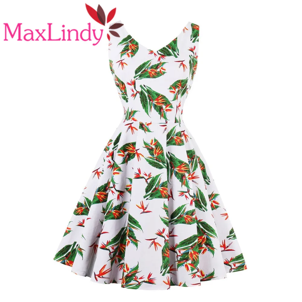 MaxLindy 2018 Vintage Summer Dress Women Crowned Crane Printed V-Neck Dresses Sleeveless Prairie Chic Sweet Girl 1586 | Женская одежда