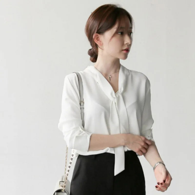 EXOTAO корейский стиль v образный вырез Blusa Feminina летняя белая шифоновая блузка с длинными рукавами Женская Лук OL
