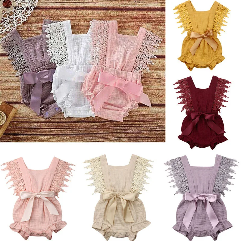 

Cute Baby Girls Bodysuit Lace Tassels Bowknot Playsuits Sleeveless Backless Jumpsuits Baby Girl Cotton Linen Clothes 0-24M