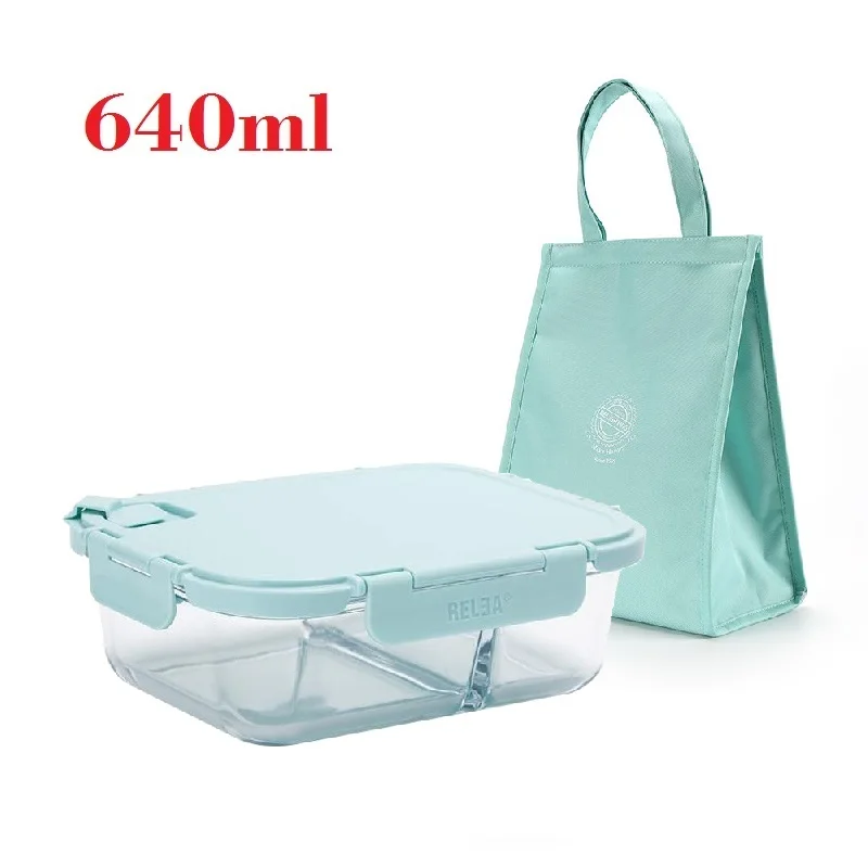 640ml with Small Bag Microwavable стеклянный Ланч-бокс с разделителем, крышкой, сумкой; приготовление еды стеклянные контейнеры для хранения продуктов с 2 отсеками; ланч-контейнер - Цвет: 640ml with Small Bag