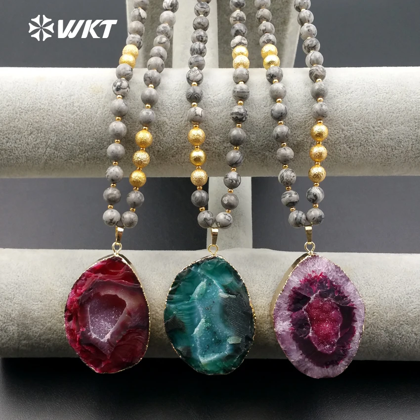 

WT-N1053 WKT New Coming Natural Map Beads Necklace With Oval Natural Stone Pendant For Women Classic Beads Necklace