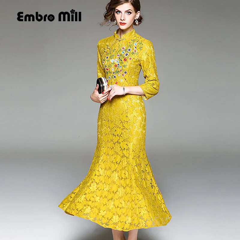 Бутон Королевский Ретро платье Чонсам с вышивкой женское осенне-зимнее