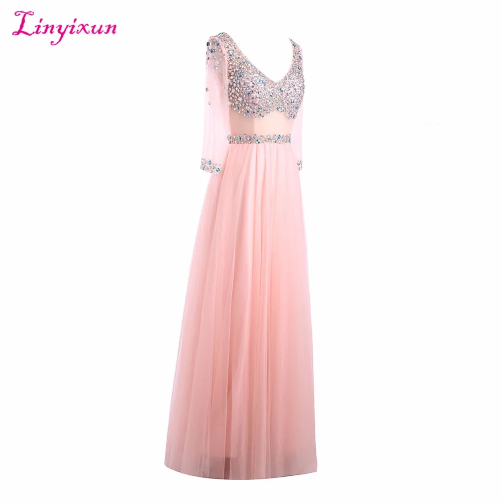 Linyixun реальные фото скромные платья для выпускного вечера с v-образным вырезом и