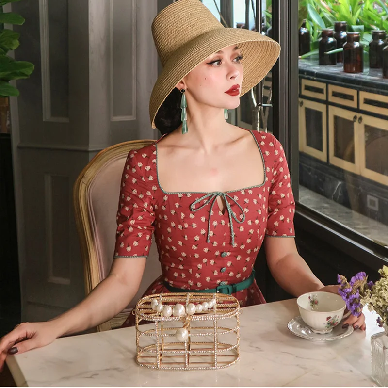 

le palais vintage Elegant Floral Ball Gown Dress Square Collar Slim High Rise Bow Decor Dress Classic 2019 Summer