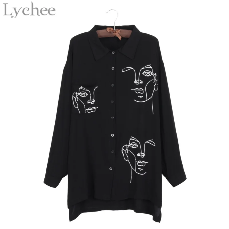 Black Lychee весна осень женская блузка с принтом лица Повседневная Свободная рубашка с длинным рукавом винтажные Топы Brlusa - Цвет: Black