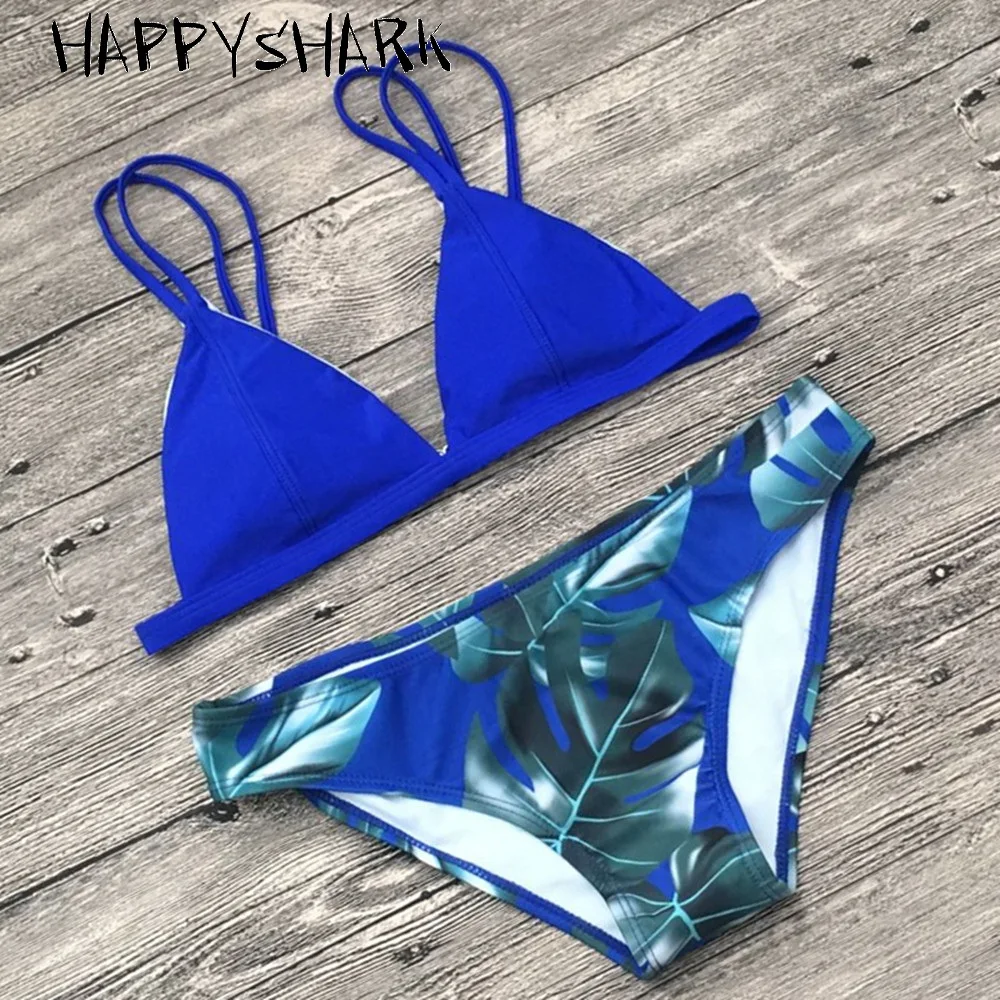 HAPPYSHARK 2018 Women Bikinis Set Palm Leaves Printed Bottom Swimwear Brazilian Biquinis Solid Top 2 Pcs Swimsuit Red Blue Orang |