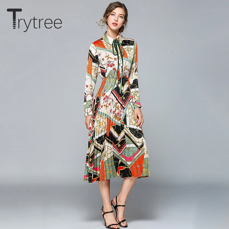 Trytree 2019 лето осень повседневное элегантное платье богемный принт отложной