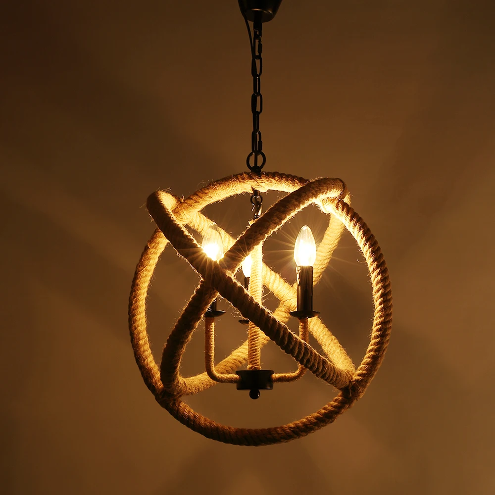 3 Arms E14 AC110-120V Hanging Hemp Rope Ball-Shaped Pendant Light Vintage Retro Country Style | Освещение