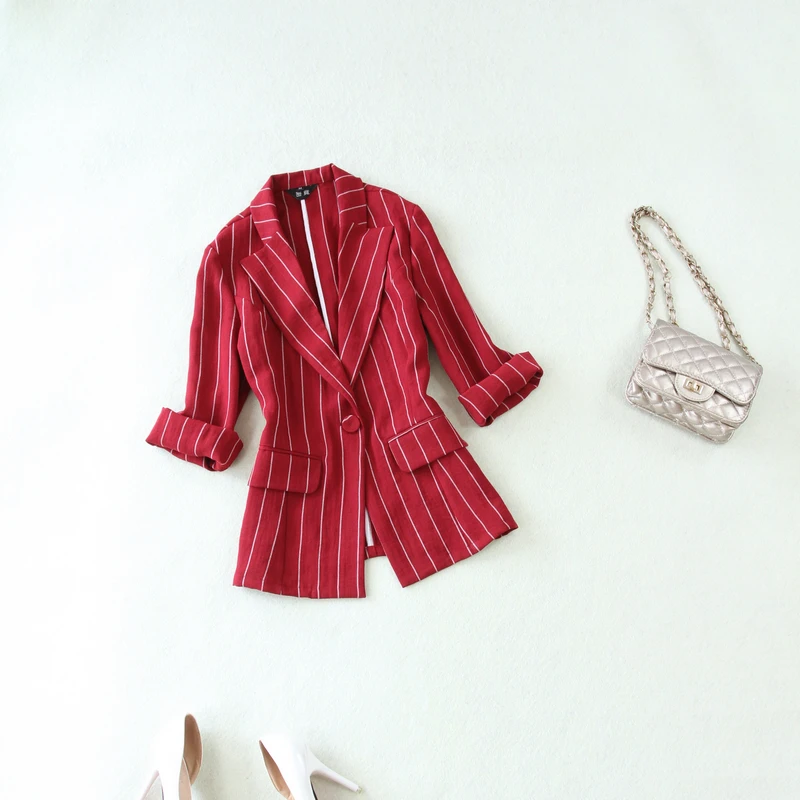 

2 piece set women's suit spring and summer new red and white strips 7 points sleeve small suit + wide leg trousers thin suit