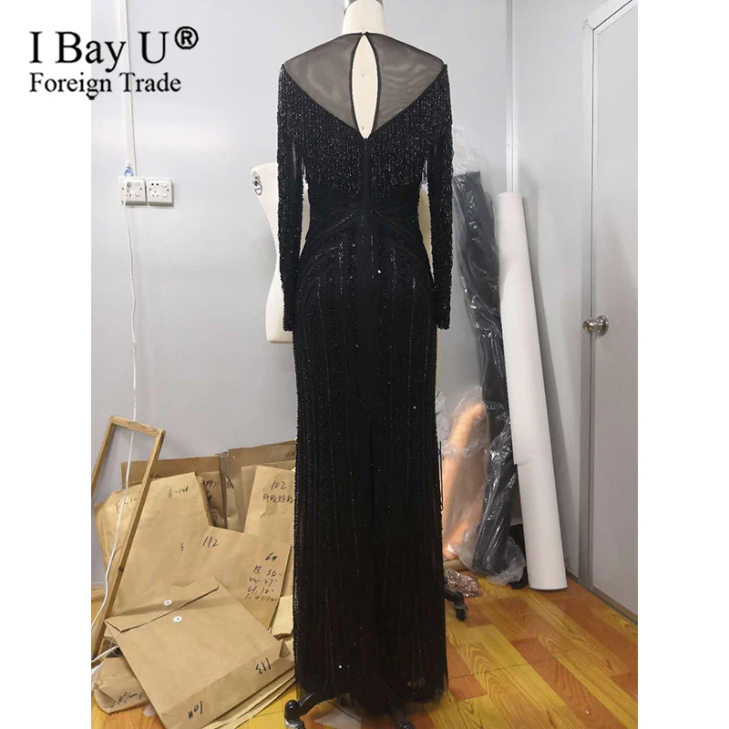 Gorgeous Black Beading Evening Dress 2020 Long Sleeve Mermaid Sliver Prom Gown Vestido De Festa