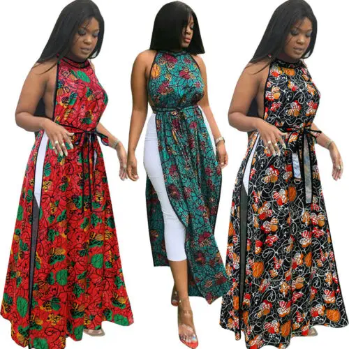 Sexy Women Boho Floral Bandage Sleeveless High Waist Slit Maxi Dress Summer Tops Ladies Long Dresses Female | Женская одежда