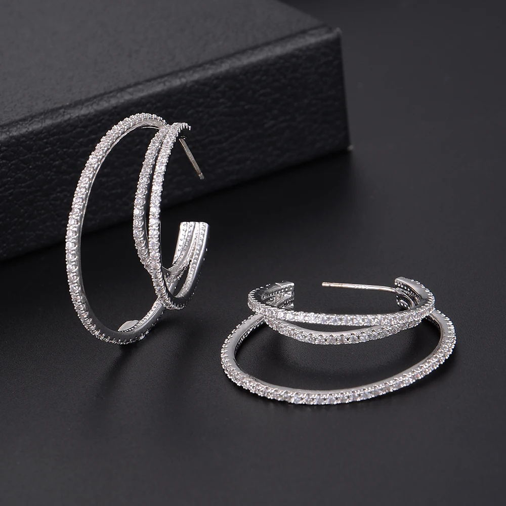 SISCATHY Big 3Rows Circle Full Mirco Paved Microl Cubic Zirconia Earrings For Women Bridal Dress Hoop Fashion Jewelry | Украшения и