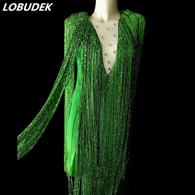 Fashion Long Tassels Crystals Dress Women Singer Concert Stage Costume Sexy Fringes Party Dance Performance Clothing | Женская одежда