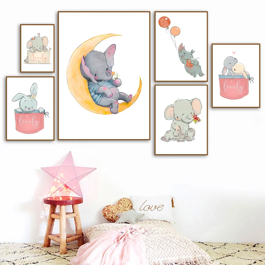 Мультфильм слон кролик шар Луна животные скандинавские постеры и принты