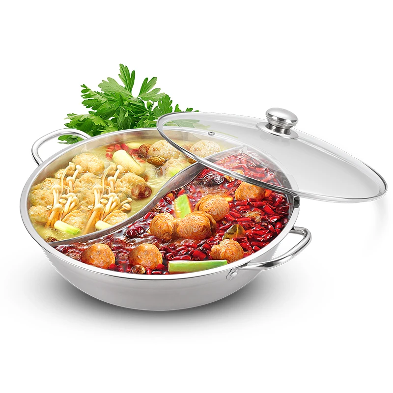 30 см 2 отсека Hotpot Нержавеющая Сталь Приготовления супа горшок со стеклянной крышкой половник-дуршлаг кухонная посуда для индукционной плиты
