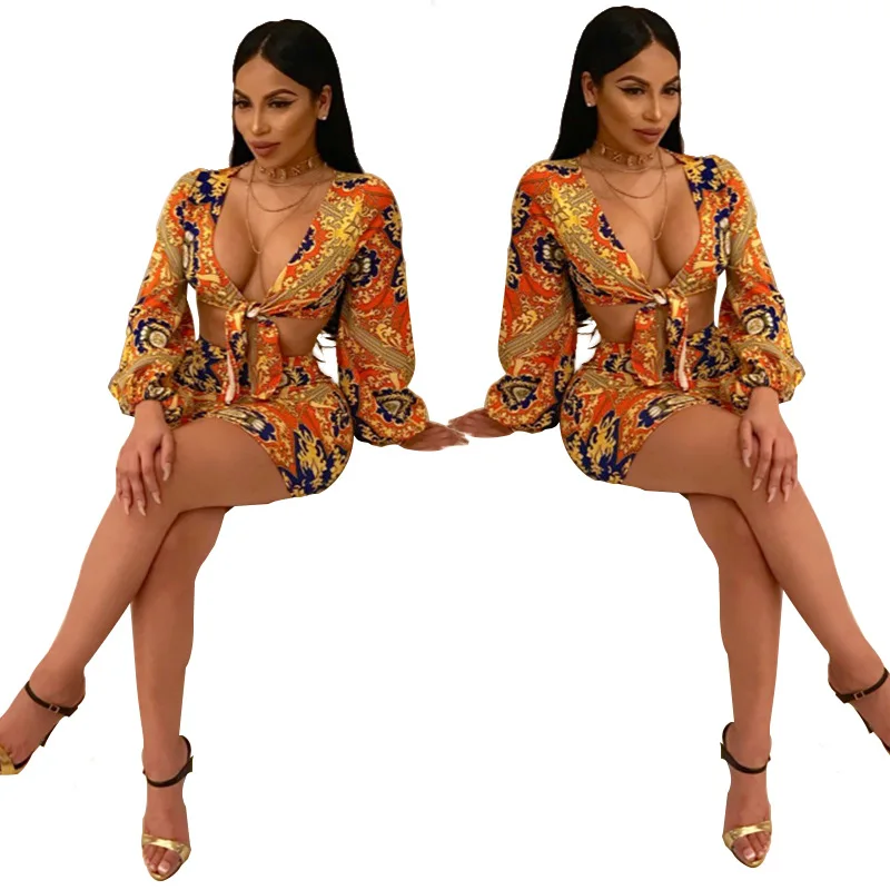 Новинка 2018 г. Европейская и американская мода принт сексуальная фонарь рукав два