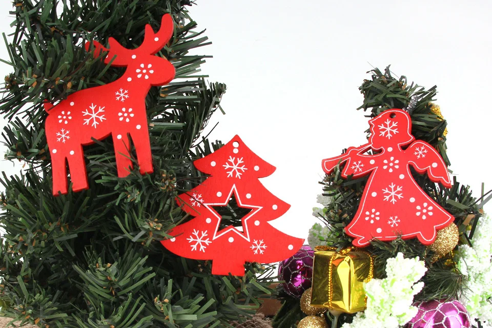 8PCS White&Red Wooden Christmas Ornaments Pendants Wood Crafts Hanging Xmas Tree Ornament Kids Gift Christmas Party Decorations