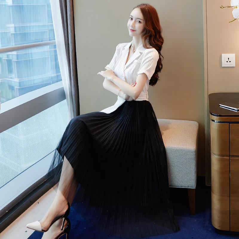 Striped Fake Two Dress Women A-line Female Office Lady Women's Dresses Irregular Ol Shirt Sashes Vestido De Festa | Женская одежда