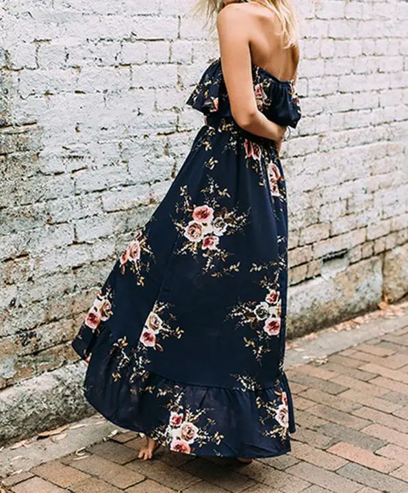 Женское длинное платье с открытыми плечами и рюшами летнее цветочным принтом в