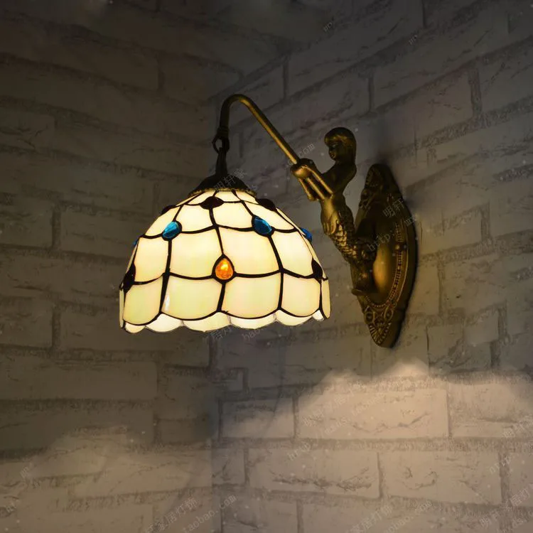 Vintage Tiffany LED E27 Wrought Iron Mermaid with Frosted Glass Peacock Tail Shade Wall Sconce Wall Lamp for Bedside Bedroom