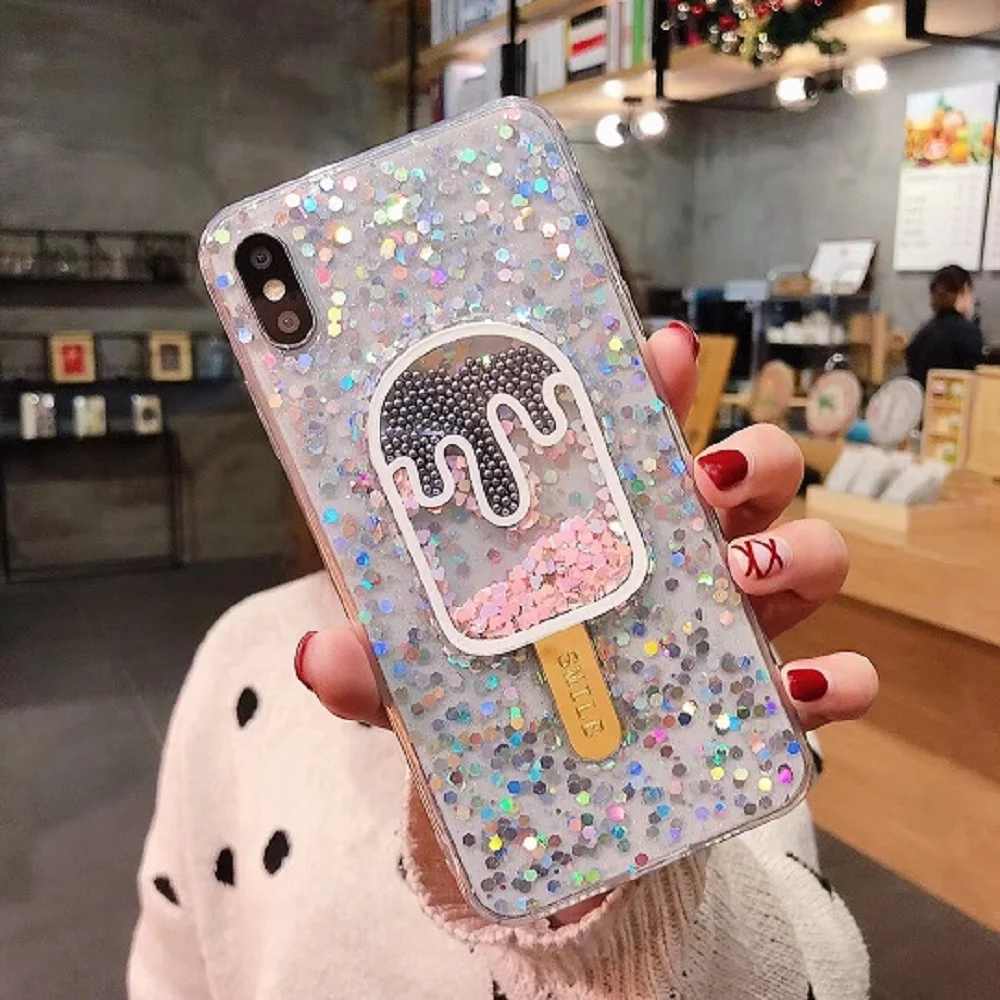 Glitter Case With Ice Cream Patterned For iPhone 6/S 7 8 Plus X XR XS XSMAX Paillette Flow While Moving TPU Silicone Cover |