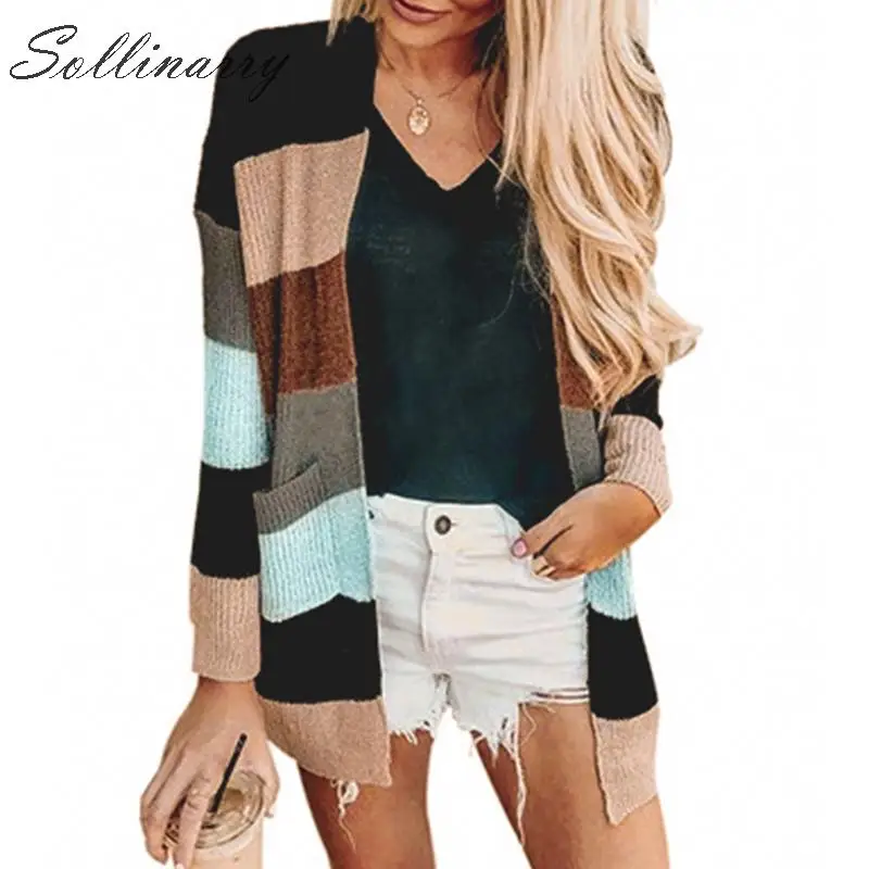 Sollinarry Long Sleeve Autumn Women Sweater Cardigans Casual Patchwork Rainbow Strip Knitted Winter Cardigan Female Chic Coat |