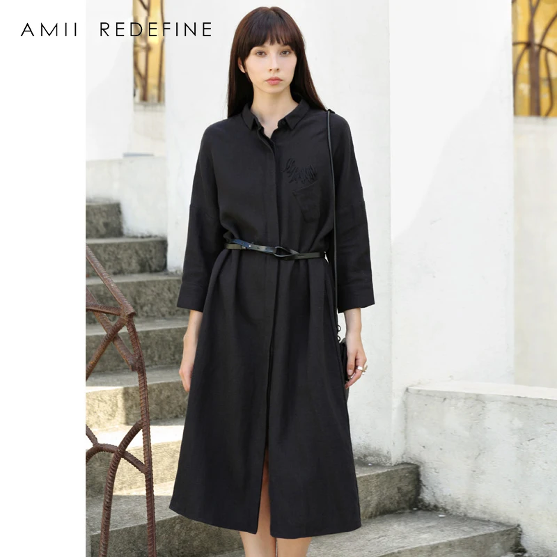 Amii Redefine Платье женское 2018 Повседневная Свободная однотонная до середины икры