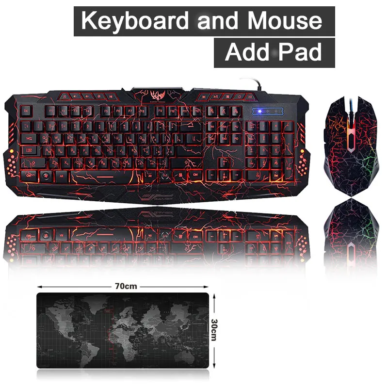Розовый Игровая подсветка, клавиатура, мышь, комбо, светодиодный, USB, проводная, цветная, дышащая, трещины, игровая клавиатура для настольного компьютера, ноутбука, русская наклейка - Цвет: Розовый