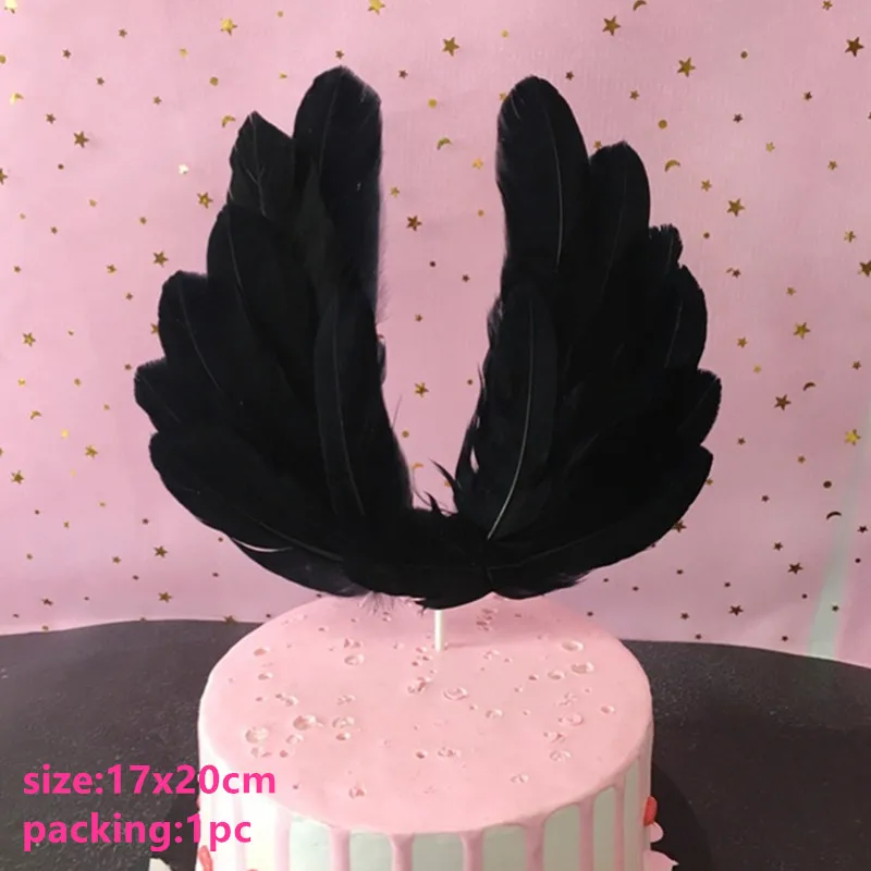 1pc black feather Украшения для детского душа Фламинго Топпер для торта первый день рождения украшения для детей и взрослых украшения для свадебного торта Крылья Ангела - Цвет: 1pc black feather